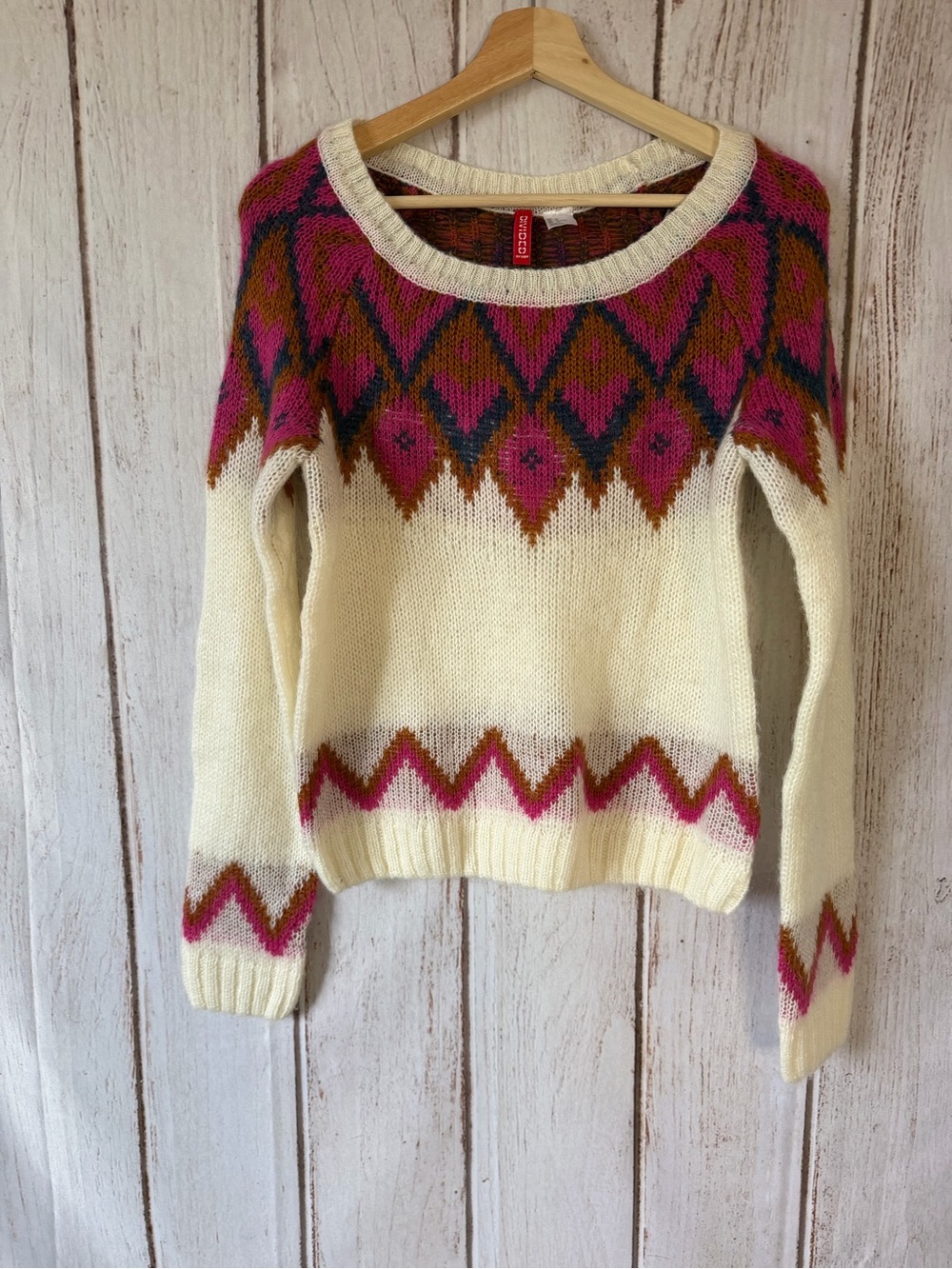 Divided H&M Mohair Wool Blend Fair Isle Sweater Pink Cream Like New